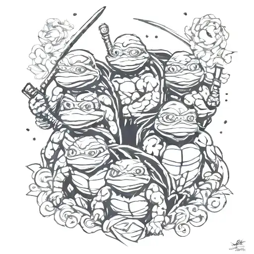 A tattoo design of the Ninja Turtles in a romantic comedy setting, surrounded by symbols of traveling to represent your favorite things and interests tattoo design idea