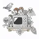 A tattoo design featuring the TV show characters from Bones, Friends, and The Golden Girls, surrounded by elements of homesteading to represent your favorite things and hobbies tattoo design idea