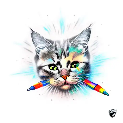 cat with a carioca pen on one of it's paw and a grafiti can in the back as a rocket tattoo design idea