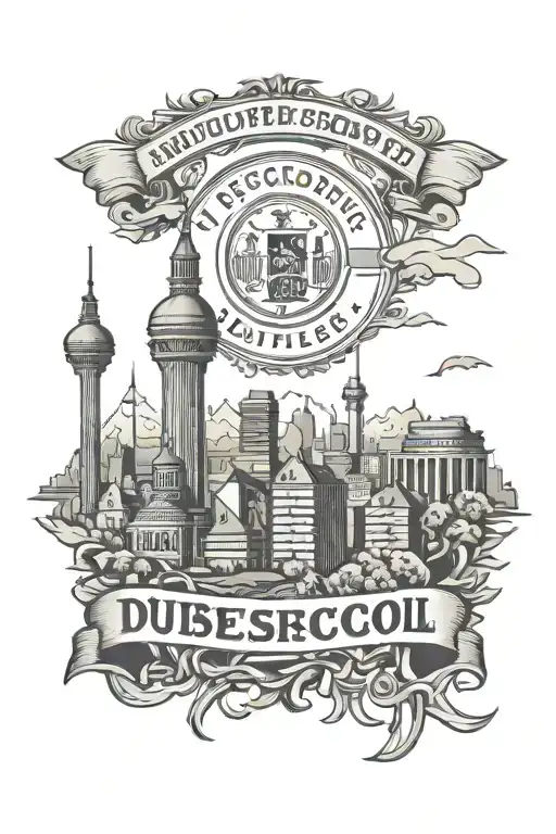 Skyline of Düsseldorf with a flag of the local football club and a monument of the city including the slogan "MDCCCXCV" tattoo design idea