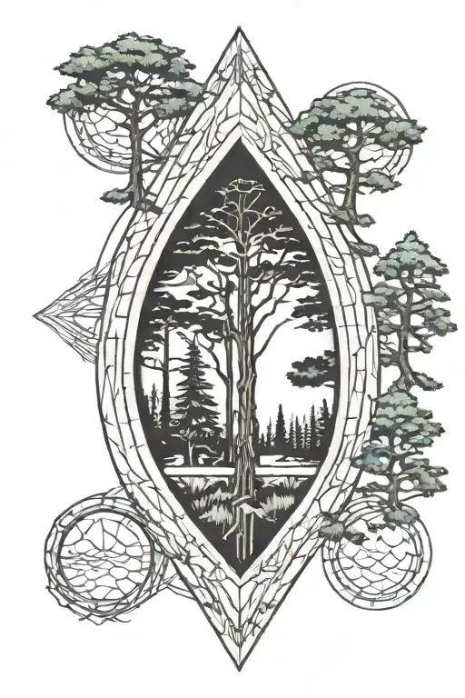 pattern surrounding a tear drop shaped window with 3 pine trees inside of the window tattoo design idea