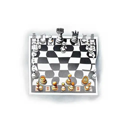 chess board with queen and king pawns surrounded  by multiple normal pawns tattoo design idea