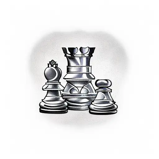 chess board with queen and king pawns surrounded  by multiple normal pawns tattoo design idea