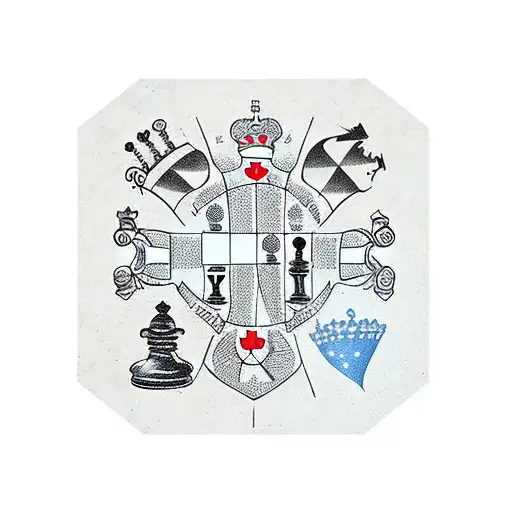 chess board with queen and king pawns surrounded  by multiple normal pawns tattoo design idea