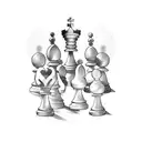 chess board with queen and king pawns surrounded  by multiple normal pawns tattoo design idea