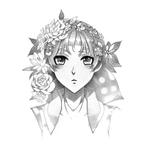 A dotwork tattoo of a fashionable anime character wearing a trendy outfit and holding a bouquet of exotic flowers tattoo design idea