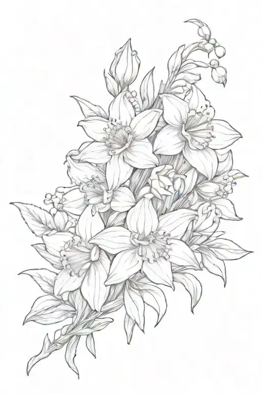 sketch daffodil sweat pea poppy honeysuckle chrysanthemum lily of the valley flower bouquet tattoo design idea
