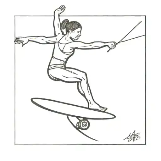 A small and creative tattoo of a gymnast balancing on a surfboard, symbolizing the client's passion for both sports and adventure tattoo design idea