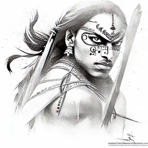 indian warrior with pain and shield and fighting in pain  tattoo design idea