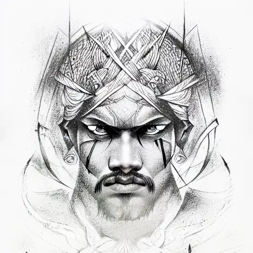 mahabratha, nordic layout with pain of a warrior and indian mythical warrior  tattoo design idea