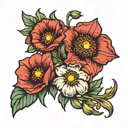 poppy flower, larkspur flower, Daisy flower, Morning glory flower,Daffodil flower  tattoo design idea