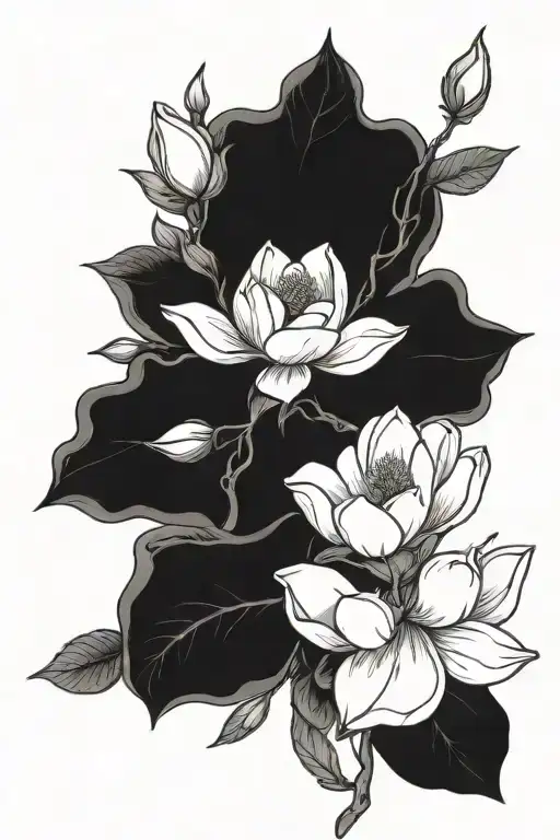 magnolia surrounded by roses on black background tattoo design idea