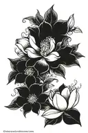 magnolia surrounded by roses on black background tattoo design idea