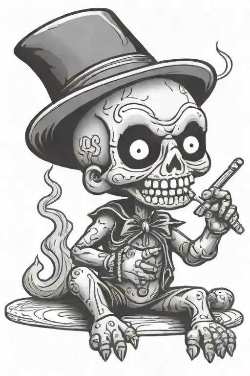 evil gothic voodoo doll smoking a joint with hot backwards holding the middle finger up tattoo design idea