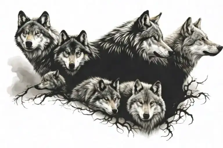 A tattoo design featuring a wolf pack symbolizing your 5 kids and their strength as a unit tattoo design idea