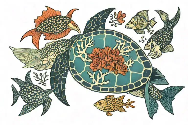 an underwater scene with coral on the shoulder blade, a modern scuba diver, a sea turtle, and an eagle ray tattoo design idea