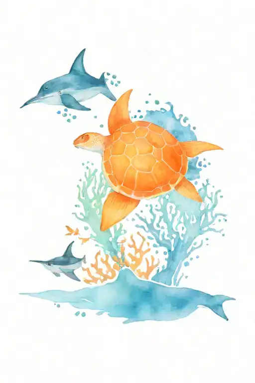 an underwater scene with coral on the shoulder blade, a modern scuba diver, a sea turtle, and an eagle ray tattoo design idea