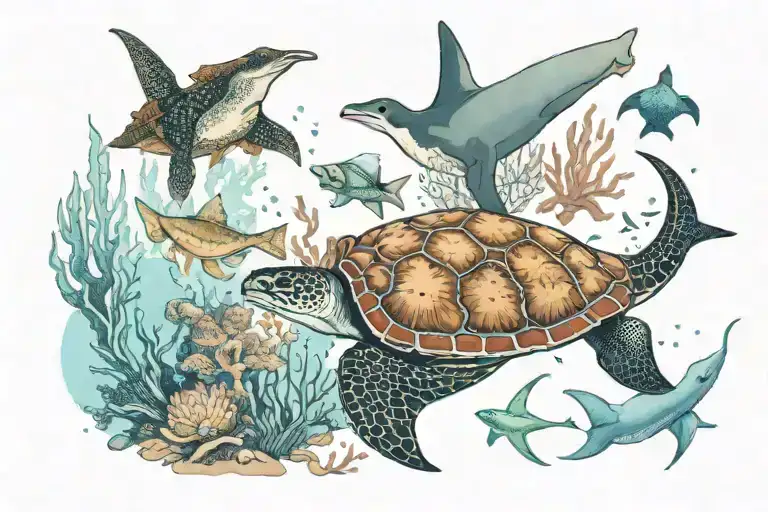 an underwater scene with coral on the shoulder blade, a modern scuba diver, a sea turtle, and an eagle ray tattoo design idea