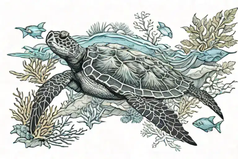 an underwater scene with coral on the shoulder blade, a modern scuba diver, a sea turtle, and an eagle ray tattoo design idea