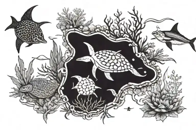 an underwater scene with coral on the shoulder blade, a modern scuba diver, a sea turtle, and an eagle ray tattoo design idea