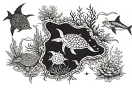 an underwater scene with coral on the shoulder blade, a modern scuba diver, a sea turtle, and an eagle ray tattoo design idea