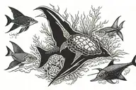 an underwater scene with coral on the shoulder blade, a modern scuba diver, a sea turtle, and an eagle ray tattoo design idea