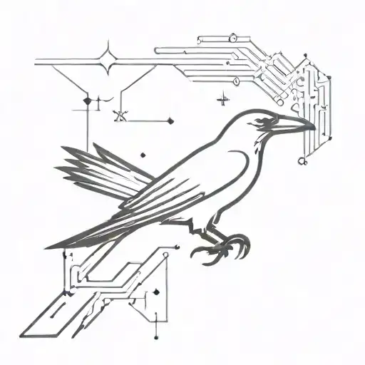 A minimalist tattoo of a raven silhouetted against the night sky, with stars forming the shape of a computer circuit board in the background tattoo design idea