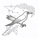 A minimalist tattoo of a raven silhouetted against the night sky, with stars forming the shape of a computer circuit board in the background tattoo design idea