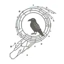 A minimalist tattoo of a raven silhouetted against the night sky, with stars forming the shape of a computer circuit board in the background tattoo design idea