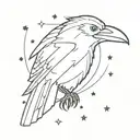 A minimalist tattoo of a raven silhouetted against the night sky, with stars forming the shape of a computer circuit board in the background tattoo design idea