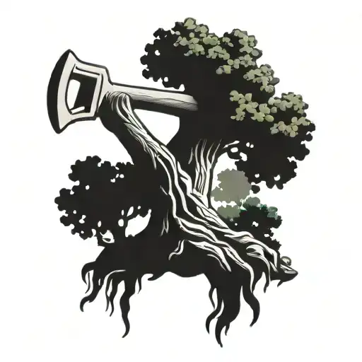 Symbol of trust in the form of a strong oak tree intertwined with construction tools tattoo design idea