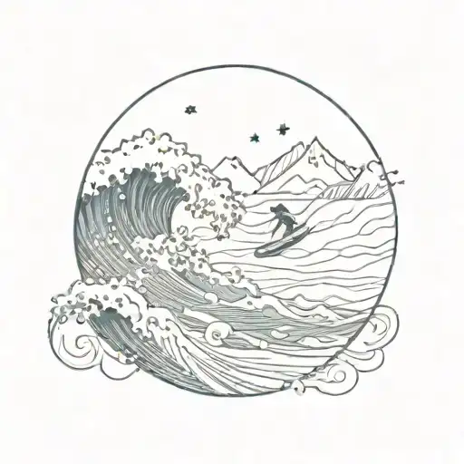 A mystical scene of a surfer riding a wave made of swirling patterns inspired by Harry Potter, with a mountain range in the background tattoo design idea