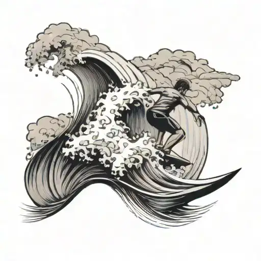 A surfer riding a wave with a mountain peak in the background tattoo design idea