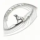A Labrador surfing a giant wave with a silhouette of a climber scaling a mountain in the background tattoo design idea