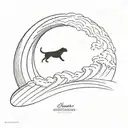 A Labrador surfing a giant wave with a silhouette of a climber scaling a mountain in the background tattoo design idea