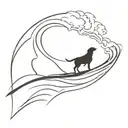 A Labrador surfing a giant wave with a silhouette of a climber scaling a mountain in the background tattoo design idea