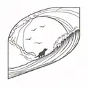 A Labrador surfing a giant wave with a silhouette of a climber scaling a mountain in the background tattoo design idea