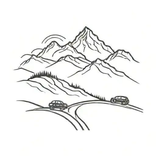 A minimalist tattoo of a mountain silhouette with a car driving along a winding road tattoo design idea