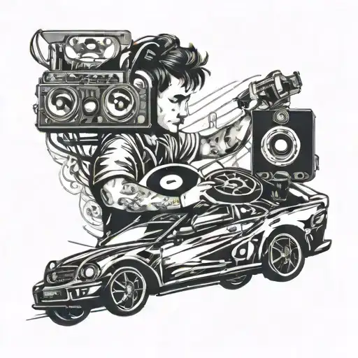A music-inspired tattoo featuring a DJ mixing music while driving a car tattoo design idea