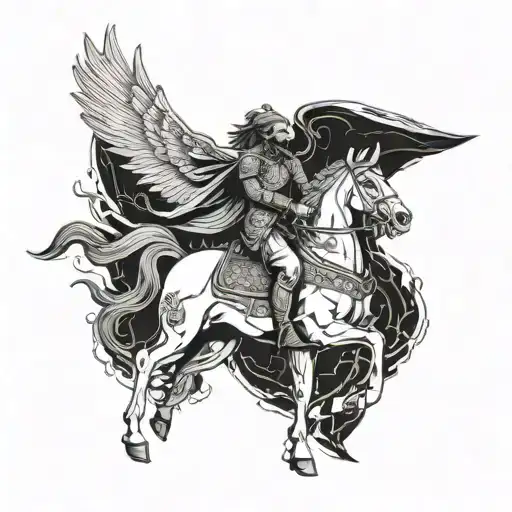 A mythical scene of a Persian warrior on a horse with wings, symbolizing freedom and power tattoo design idea