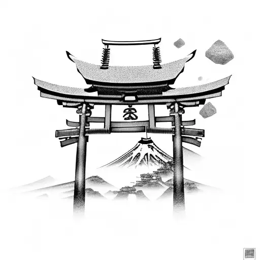 japanese Torii gate with a samurai standing in the middle tattoo design idea