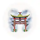 japanese Torii gate with a person standing in the middle tattoo design idea