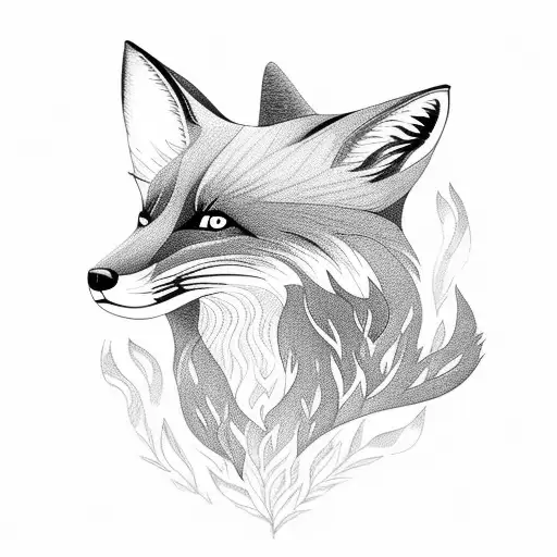 Fox made of fire standing in grass looking at its reflection in a lake and its reflection is a fox made of ice tattoo design idea