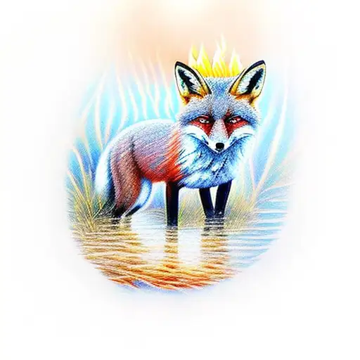 Fox made of fire standing in grass looking at its reflection in a lake and its reflection is a fox made of ice tattoo design idea
