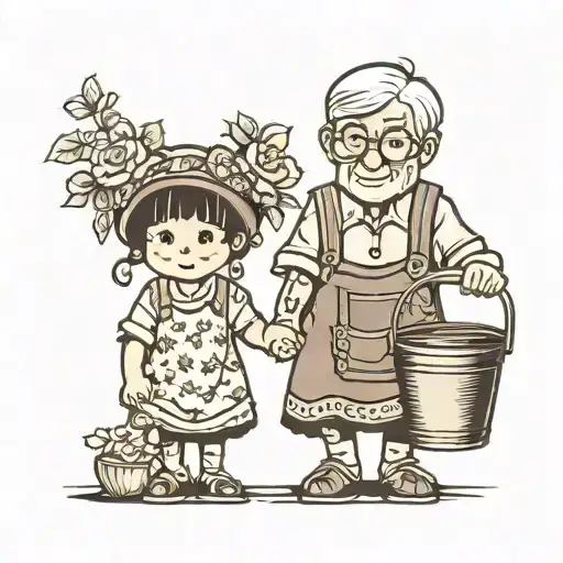 grandma and boy holding hands with a bucket  tattoo design idea