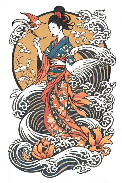 japanese crane, wave, hula girl  tattoo design idea