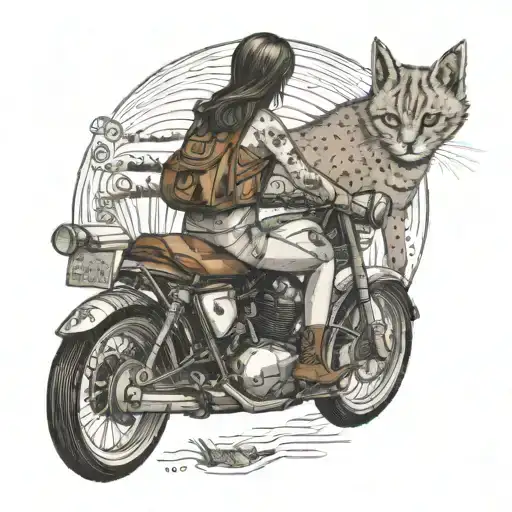 girl standing on a classic motorcycle riding through mountains forest to the beach with a brown big eared kitten on her  tattoo design idea