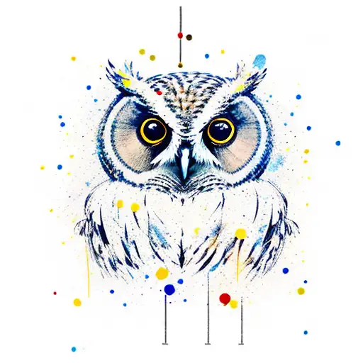 Owl perched on a typewriter with ink splatters tattoo design idea