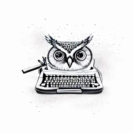 Owl perched on a typewriter with ink splatters tattoo design idea