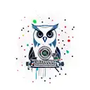 Owl perched on a typewriter with ink splatters tattoo design idea